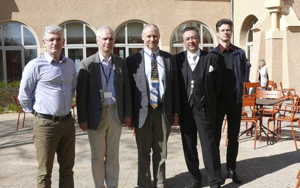 V.l.n.r. Régis Berdoulat (predikant te Lausanne), Robert Strivens (London Theological Seminary), Flavien Pardigon (momenteel in Cambridge, Engeland), Yvan Bourquin (predikant in Porrentruy Zwitserland),  Jean-Philippe Bru, docent praktische theologie Facu