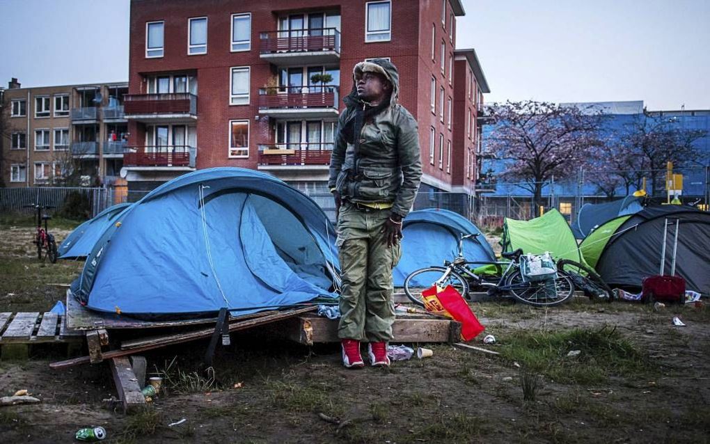 Oud-bewoners Vluchtgarage slapen in tentenkamp Amsterdam. beeld ANP