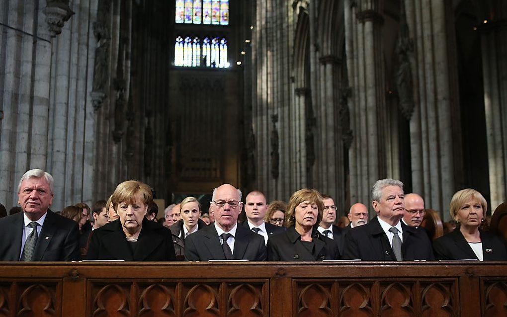 Bondskanselier Angela Merkel was aanwezig bij de herdenkingsdienst. beeld AFP