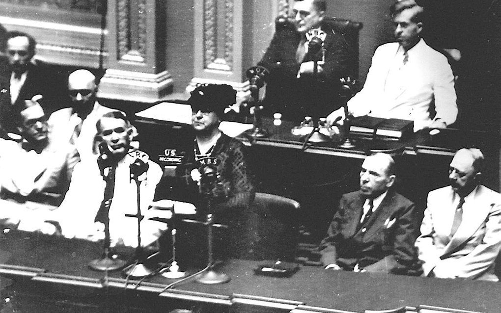 Koningin Wilhelmina spreekt in 1942 het Amerikaans Congres toe. beeld AFP