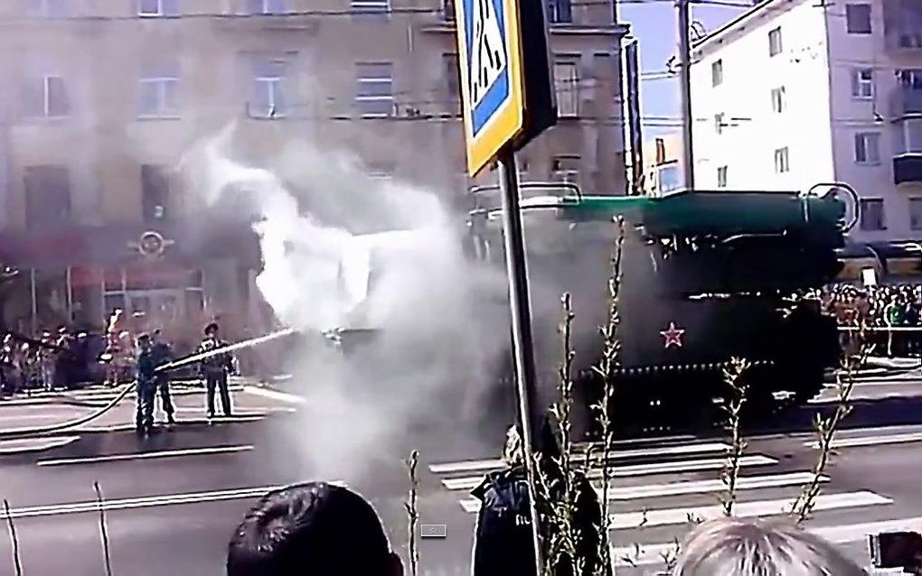 Bij een militaire parade in de Zuidoost-Russische stad Tsjita is een brandje ontstaan in een BUK-systeem dat meedeed aan een militaire parade. beeld uit video YouTube