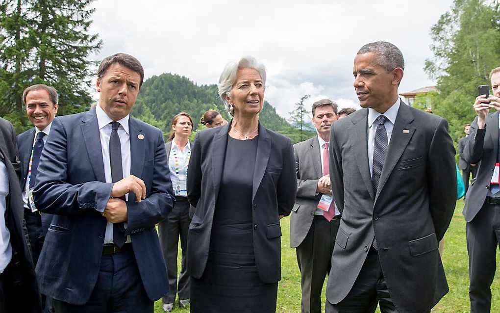 De Italiaanse premier Renzi, IMF-chef Lagarde en de Amerikaanse president Obama. beeld AFP