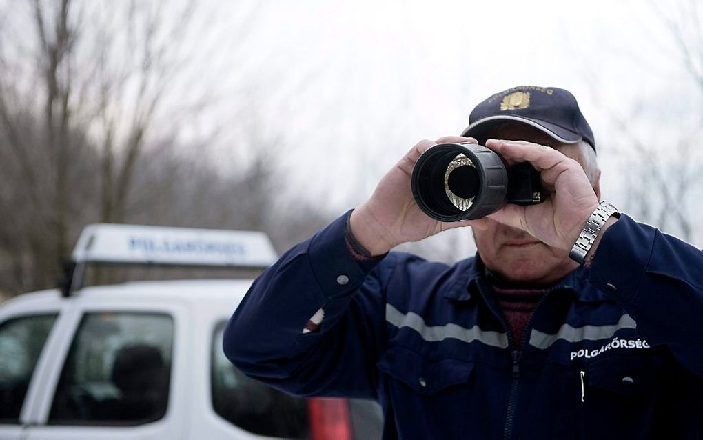 Een Hongaarse burgerwacht speurt naar vluchtelingen bij de grens met Servië. Beeld EPA