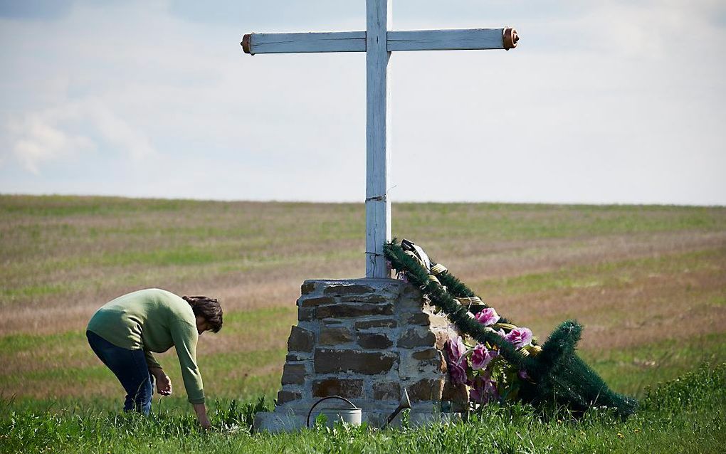 Een vrouw verzorgt het kruis bij de burnsite van vlucht MH17 van Malaysia Airlines in Grabovo. Rond de rampplek in Oost-Oekraine zijn veel van dit soort gedenktekens te vinden. beeld ANP