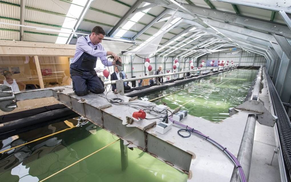 Manager Johan Baaij laat zien hoe met behulp van een rijdende installatie een net door het water wordt getrokken. beeld Wim van Vossen