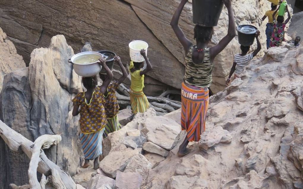 Dogon-vrouwen in Mali halen water uit een diepe put. beeld Stichting Dogon Onderwijs