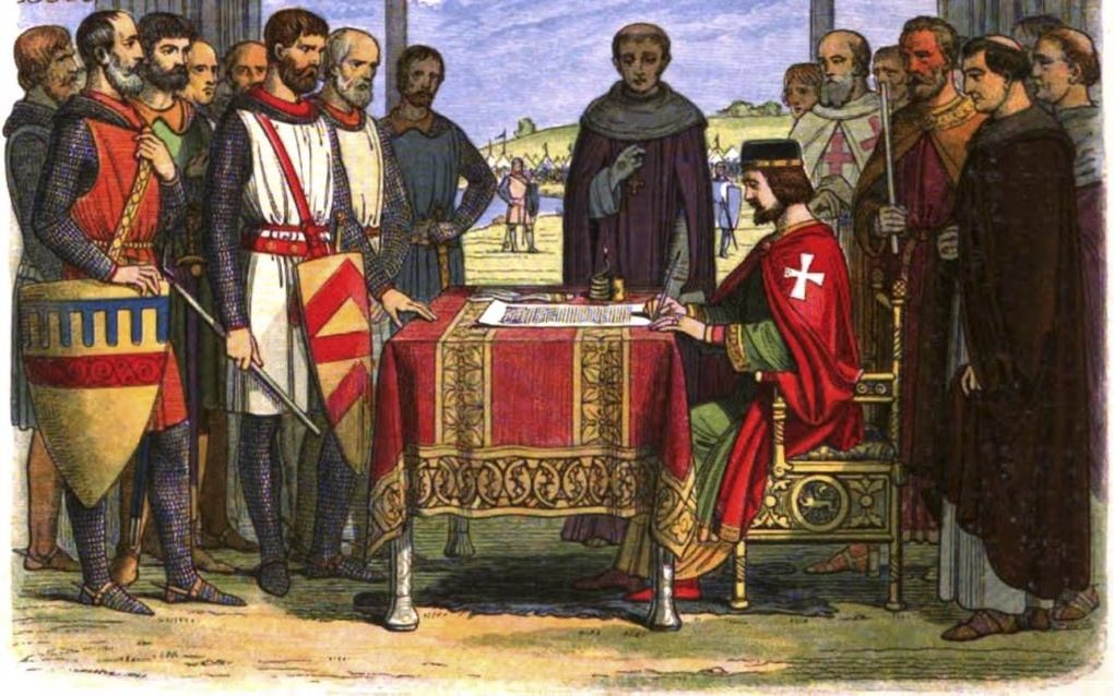 Negentiende-eeuwse prent van de ondertekening van Magna Carta door koning Jan zonder Land. In werkelijkheid heeft de koning niets ondertekend, maar plakte hij gewoon zijn zegel eraan. beeld Wikimedia