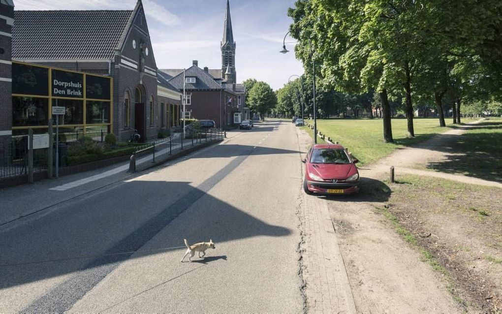 DEN HOUT. Centrum van het Brabantse dorp Den Hout. Links het dorpshuis, rechts de brink, op de achtergrond de St. Corneliuskerk.  beeld Sjaak Verboom