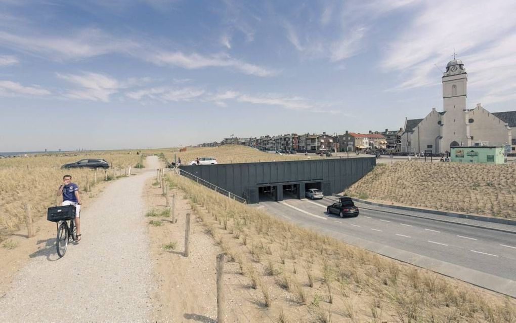 De ingang van de parkeergarage in Katwijk is verstopt onder de nieuwe duinen van de kustversterking. beeld Sjaak Verboom