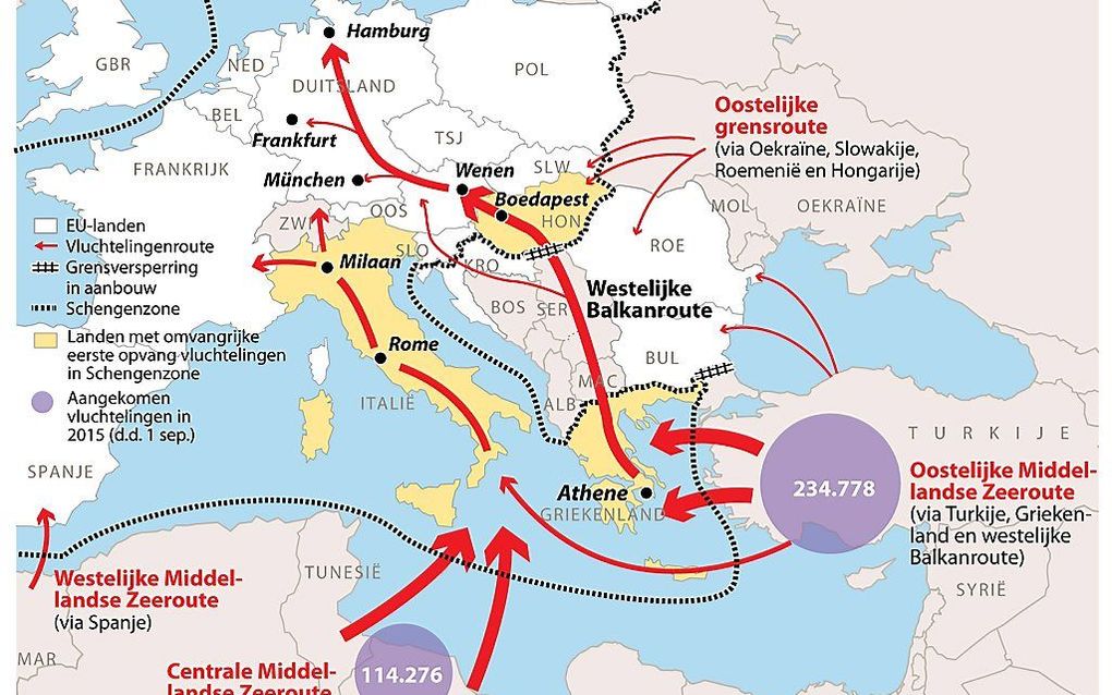 Belangrijkste vluchtelingenstromen in 2015, profiel westelijke Balkanroute en routes ovder de Middellandse Zee. beeld ANP