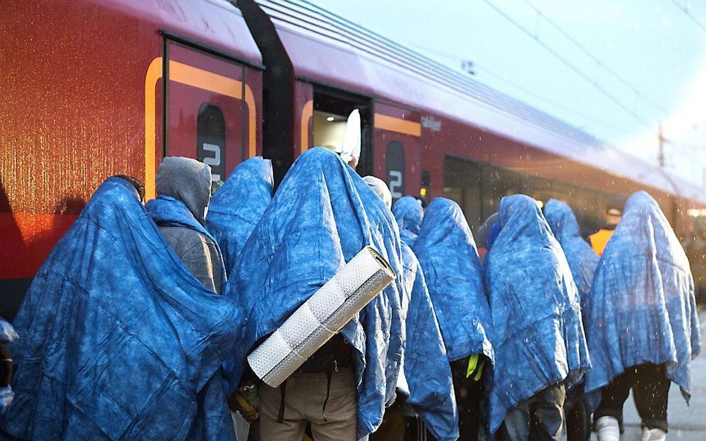 Vluchtelingen stappen aan boord van een trein in het Oostenrijkse Nickelsdorf. Beeld AFP