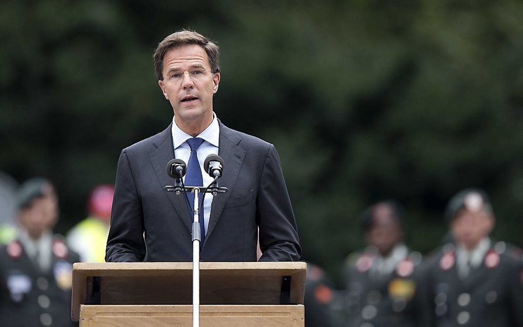 Premier Rutte zaterdag tijdens de herdenkingsbijeenkomst bij het Nationaal Indie-monument 1945-1962 in Roermond. beeld ANP