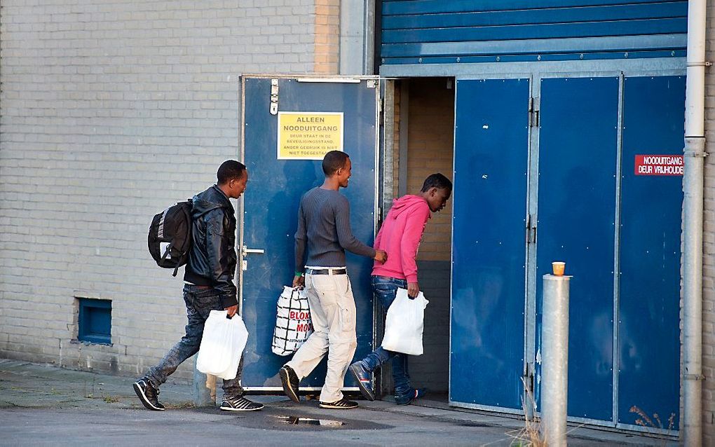 Asielzoekers arriveren bij de Americahal in Apeldoorn. beeld ANP