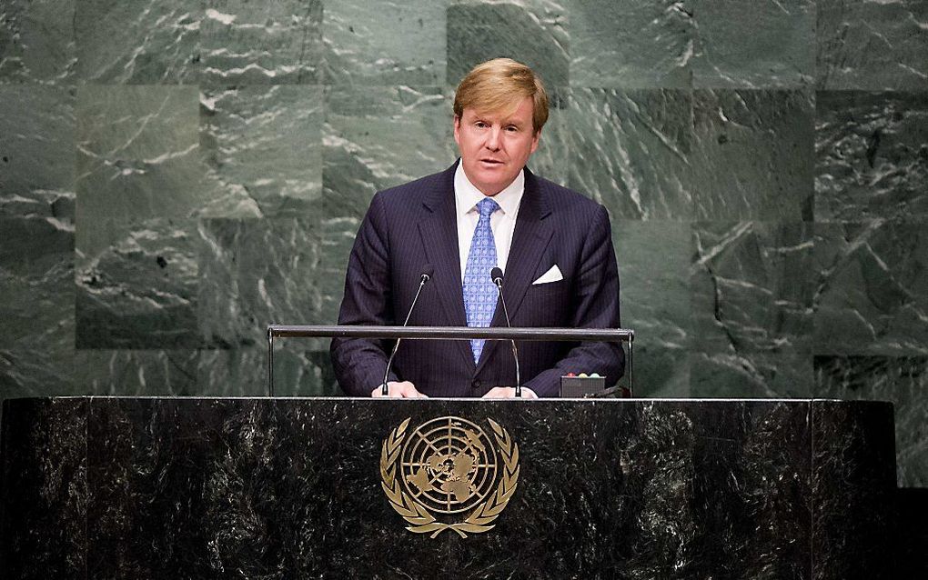 Koning Willem Alexander houdt een toespraak voor de Algemene Vergadering van de Verenigde Naties (VN). De koning zei ondermeer dat alle landen zich moeten inzetten om de verantwoordelijken van de vliegramp met MH17 te achterhalen en te berechten. beeld AN