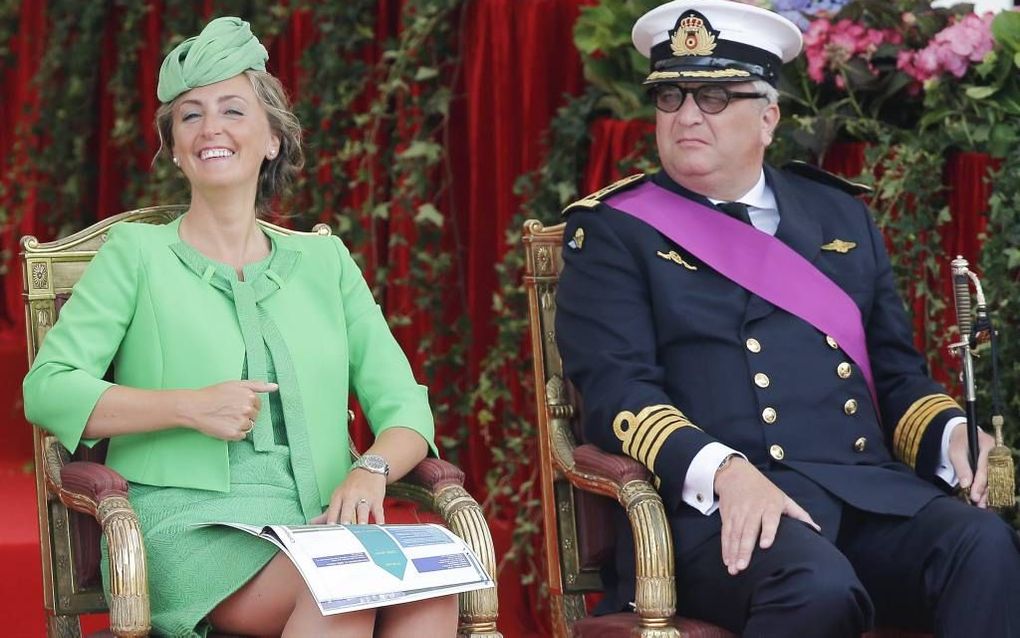 Prins Laurent en prinses Claire tijdens de nationale feestdag van België op 21 juli 2015.  beeld EPA