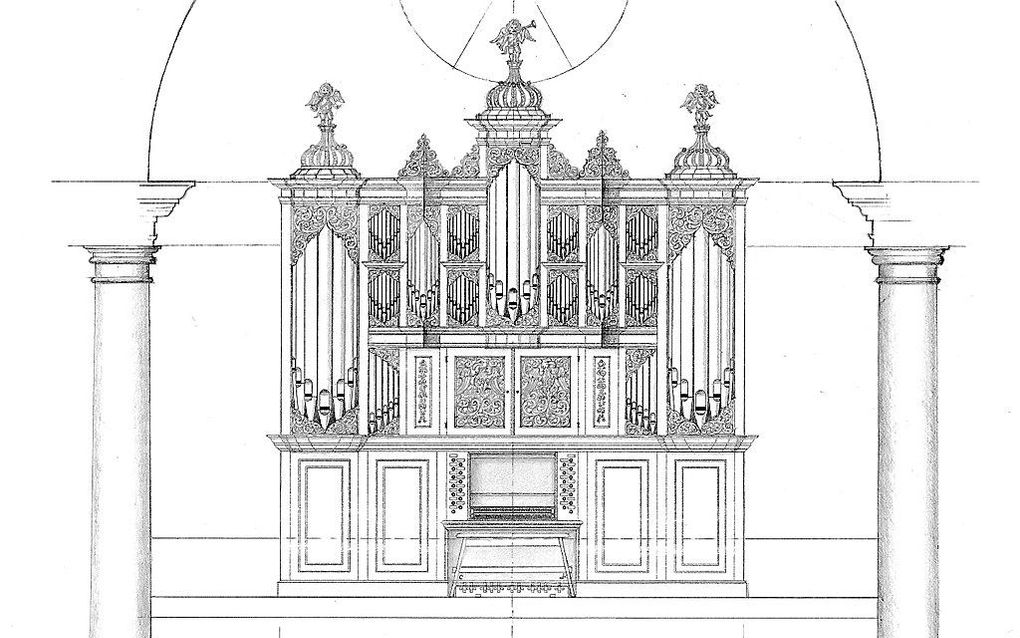 Tekening van het Schnitgerorgel voor de lutherse kerk in Groningen. Beeld www.schnitgerorgel2017.nl