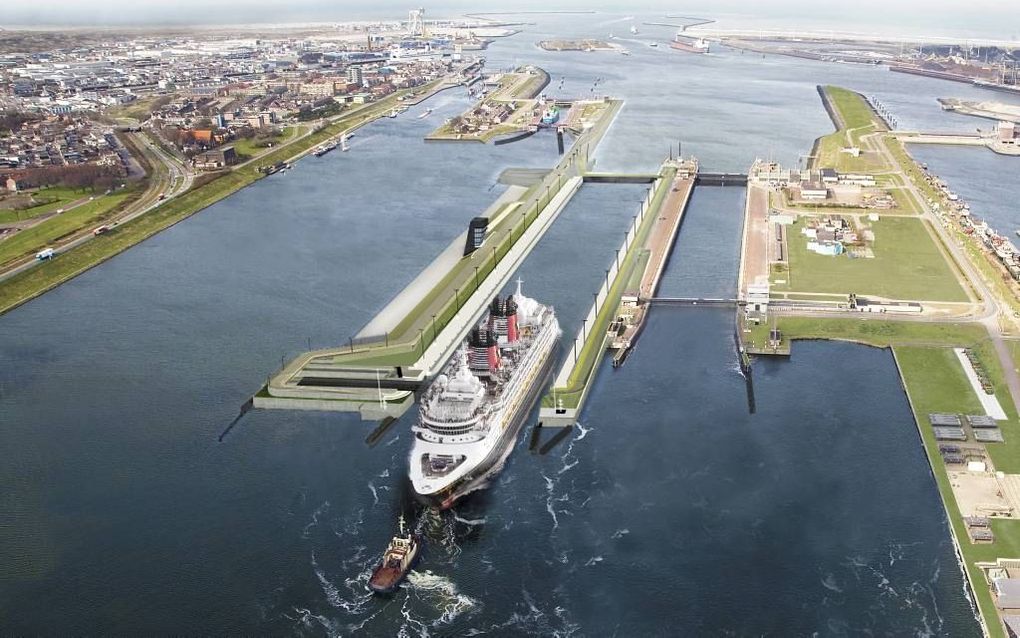 Blik op de nieuwe zeesluis bij IJmuiden, de grootste ter wereld. beeld Rijkswaterstaat