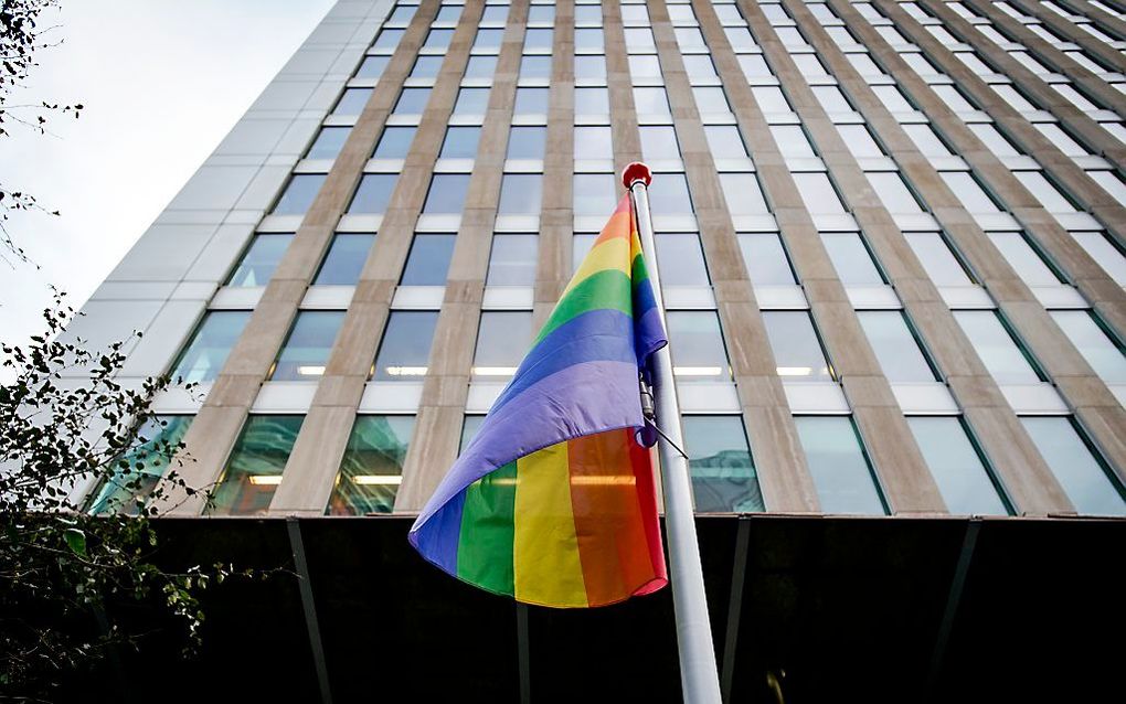 De regenboogvlag bij het ministerie van Onderwijs, Cultuur en Wetenschap. beeld ANP, Robin van Lonkhuijsen