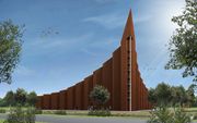Tekening van het nieuwe kerkgebouw voor de gereformeerde gemeente van Hendrik-Ido-Ambacht. De bouw gaat niet door. beeld Architectenbureau Born