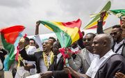Passagiers van de eerste vlucht in twintig jaar tussen Ethiopië en Eritrea zwaaiden woensdag uitbundig met vlaggen na hun aankomst in Asmara. beeld AFP, Micha