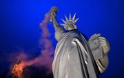 Een replica van het Vrijheidsbeeld met de tekst ”vrijheid om te vervuilen" als protest in Bonn tegen het klimaatbeleid van de VS. beeld AFP