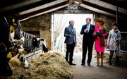 Koning Willem-Alexander en koningin Maxima in de stal van Piet en Marja Blanken in Gouderak tijdens een streekbezoek aan de Krimpenerwaard. beeld ANP, Koen van Weel