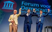 Fractievoorzitter Thierry Baudet (M) van Forum voor Democratie (FvD) ,Tweede Kamerlid Theo Hiddema (L) van Forum voor Democratie (FvD) en Joost Eerdmans (R), wethouder namens Leefbaar Rotterdam. beeld ANP