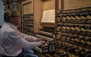 Everhard Zwart achter de klavieren van het orgel in de Bovenkerk in Kampen. beeld Studio 305