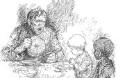 Bartje spreekt zijn gevleugelde woorden over ”brune bonen". Illustratie Jan Kruis