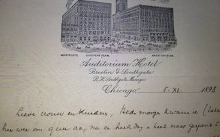 CHICAGO. Kuyper verbleef in Chicago in het Auditorium Hotel, op een kamer met prachtig uitzicht over Lake Michigan. Hij schreef er een brief naar zijn vrouw in Nederland.   beeld Historisch Documentatiecentrum