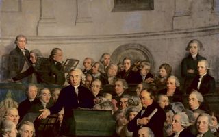 Op de eerste dag van de inwijding van het genootschap Felix Meritis (1788) zijn uitsluitend mannen aanwezig. Illustratie uit besproken boek