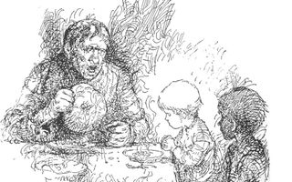 Bartje spreekt zijn gevleugelde woorden over ”brune bonen". Illustratie Jan Kruis
