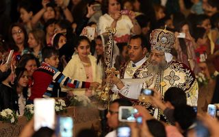 Paus Tawadros II tijdens de viering van Pasen op 11 april. beeld EPA