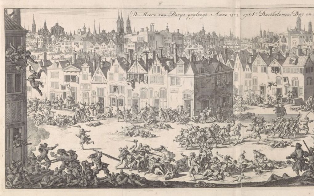 Moordpartijen tijdens de Bartholomeüsnacht in Parijs, op 23 augustus 1572. Ets van Jan Luyken (1696). beeld Rijksmuseum