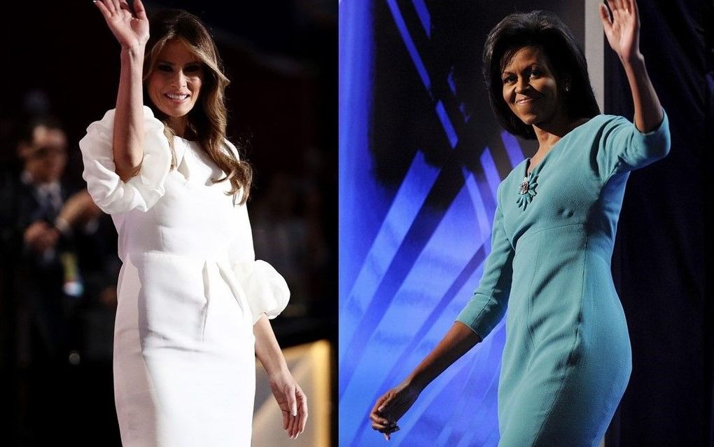 Passages uit de speech van Melania Trump (L) zijn letterlijk overgenomen uit de toespraak die Michelle Obama, de vrouw van de huidige Amerikaanse president, hield tijdens de conventie van de Democraten in 2008. beeld AFP/EPA