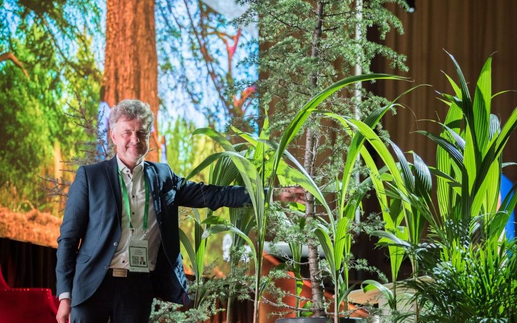 Burgemeester dr. Frank Mentrup van Karlsruhe met de cederboom die hij ontving van de Wereldraad van Kerken, die in de Duitse stad zijn elfde assemblee houdt. beeld WCC, Albin Hillert