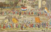 Feestvierende aanhangers van Willem V op het Kattenburgerplein in Amsterdam, 1787. beeld