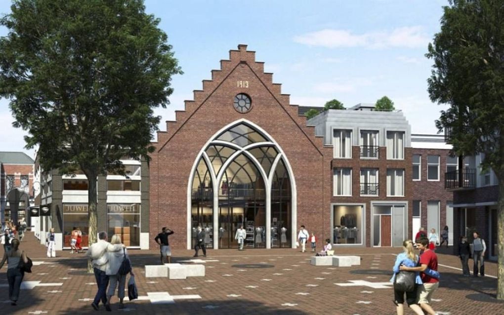 Artistieke impressie van hoe de Pniëlkerk in Veenendaal eruit kan gaan zien. Het wordt een „bijzondere plek” die ervoor moet zorgen dat meer nieuwe bezoekers langer verblijven in het centrum van Veenendaal.  beeld gemeente Veenendaal