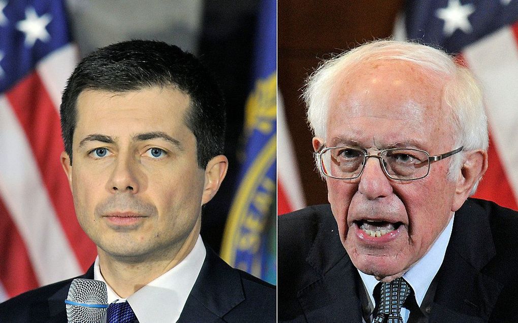 Pete Buttigieg (links) en Bernie Sanders. beeld AFP