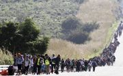 Hoewel dinsdag de eerste illegale immigranten de grens tussen Mexico en de Verenigde Staten bereikten, zijn duizenden asielzoekers nog onderweg, velen van hen lopend. beeld AFP, Ulises Ruiz