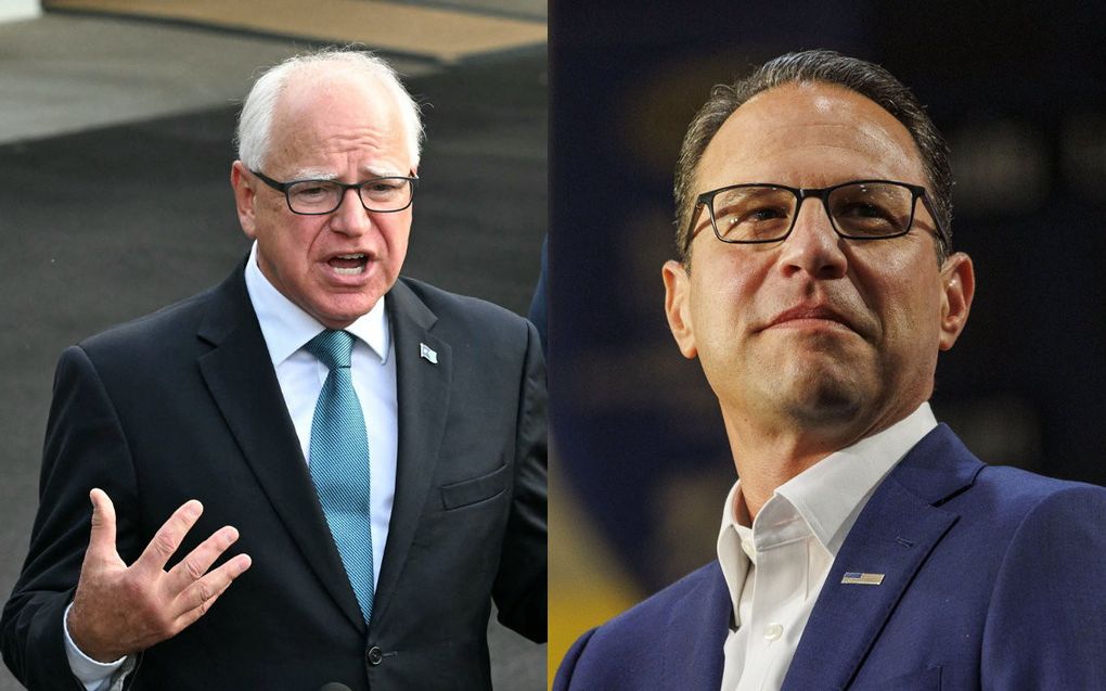 Gouveneur Tim Walz uit Minnesota (l.) en gouverneur Josh Shapiro uit Pennsylvania. beeld AFP/EPA 