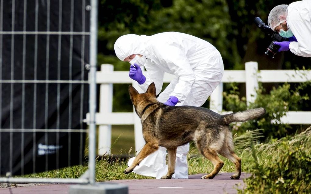 Rechercheurs aan het werk op een industrieterrein in  Bunschoten, waar het lichaam van de 14-jarige Savannah werd gevonden. beeld ANP, Koen van Weel