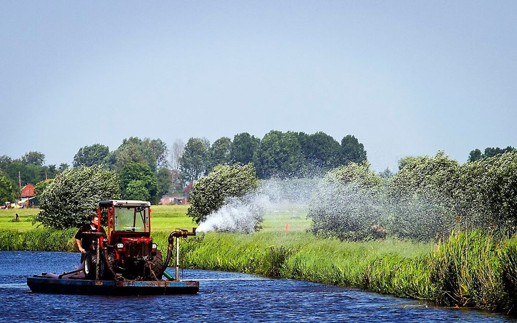 Een dijk in de buurt van Woerden wordt beregend om scheuren te voorkomen. beeld ANP