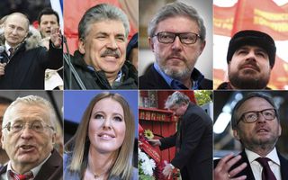 V.l.n.r. de Russische presidentskandidaten: Poetin, Groedinin, Javlinski, Soeraikin (op 2e rij), Zjirinovski, Sobtsjak, Baboerin en Titov.   beeld AFP