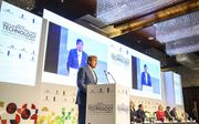 Koning Willem-Alexander houdt dinsdagochtend in New Delhi een toespraak tijdens de 25e editie van de India Tech Summit. beeld ANP