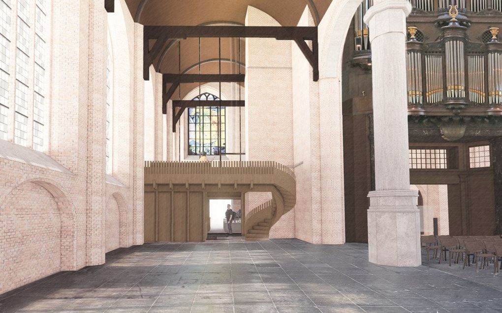 Impressie van de Jaïruszaal (zaal naast het orgel, boven de winkel, zo genoemd vanwege de afbeelding op het kenmerkende glas-in-loodraam daar). beeld Nieuwe Kerk Delft