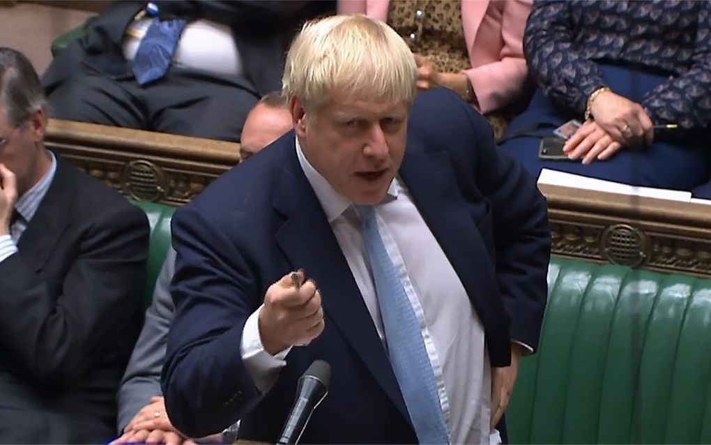 Boris Johnson vandaag in het Britse parlement, waar hij sprak over zijn nieuwe brexitvoostellen. beeld AFP