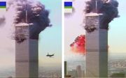 Russische tv-beelden: een gekaapt toestel boort zich op 11 september 2001 in een van de Twin Towers in New York, terwijl de ander al brandt. beeld EPA
