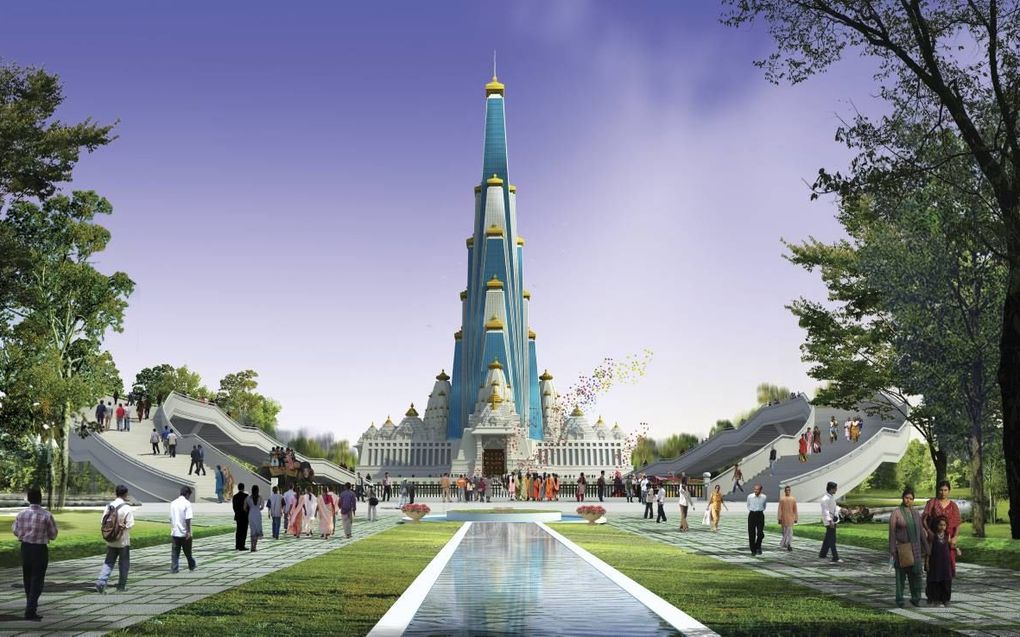 De eerste wolkenkrabbertempel opent in 2019 zijn deuren in de voor hindoes heilige stad Vrindavan in India. Op de tekentafel liggen plannen om een tempel te bouwen van 210 meter hoog en zeventig verdiepingen als ultiem eerbetoon aan de Krishna.  beeld VCM