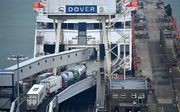 Vrachttransporten schepen in op de veerboot bij de Britse haven aan de kust van Dover. beeld AFP, Ben Stansall